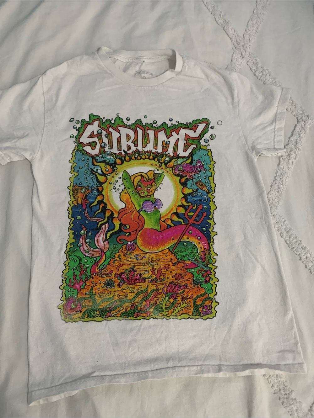 Sublime Graphic Mermaid Tee - White with Neon Multicolor Print